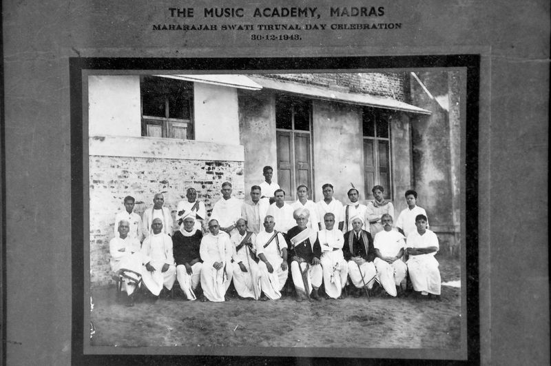 Archival 1943 group photograph of musicians at the Madras Music Academy.