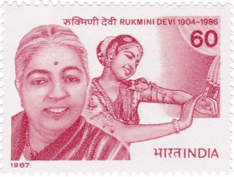 India Post postage stamp from 1987 showing Rukmini Devi Arundale alongside a dancer